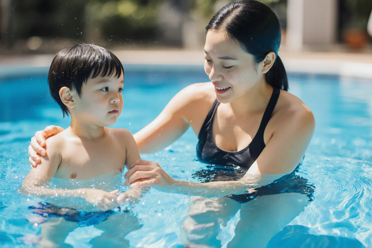 Swim coach helping child with freestyle stroke at Singapore pool