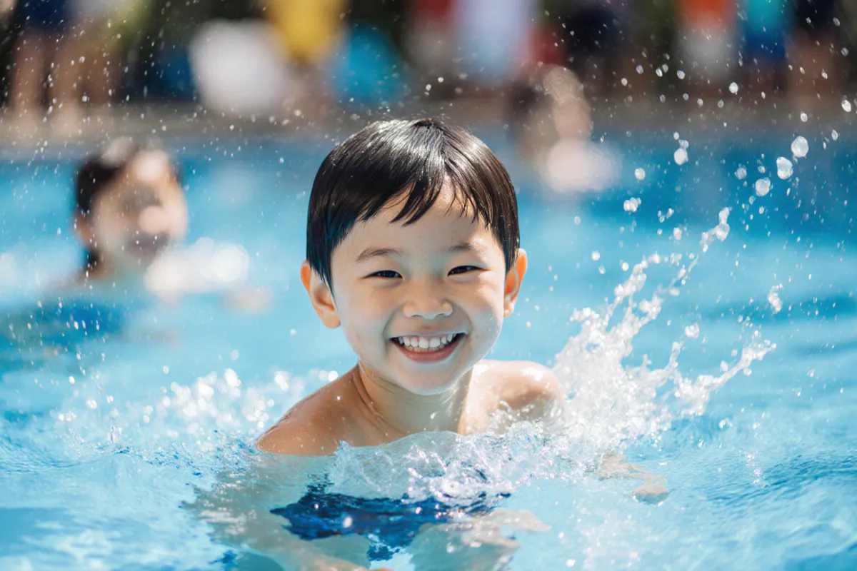 Confident happy Asian child swimming independently in outdoor pool Singapore school holidays