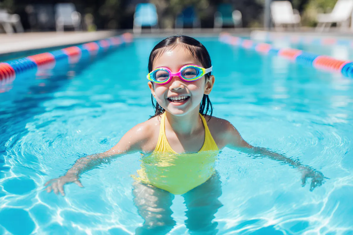 Happy Asian child swimming confidently in outdoor ActiveSG pool Singapore