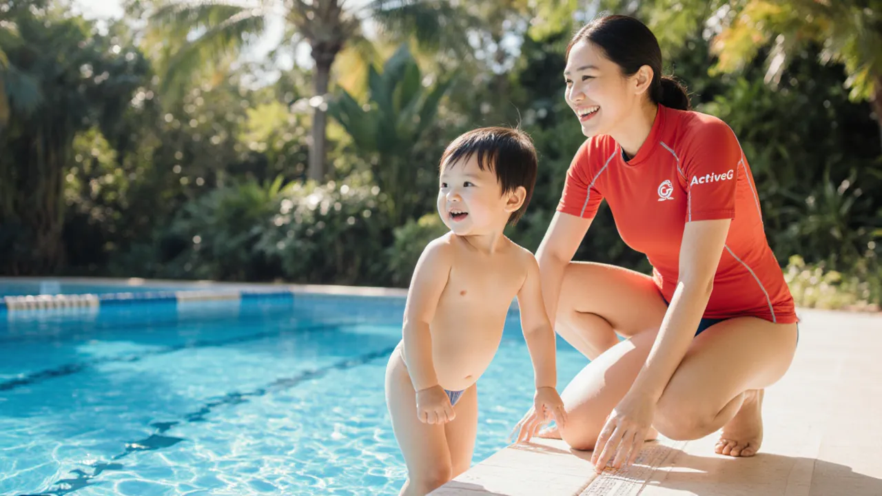 Young Asian child at pool edge with swimming coach during Singapore school holidays