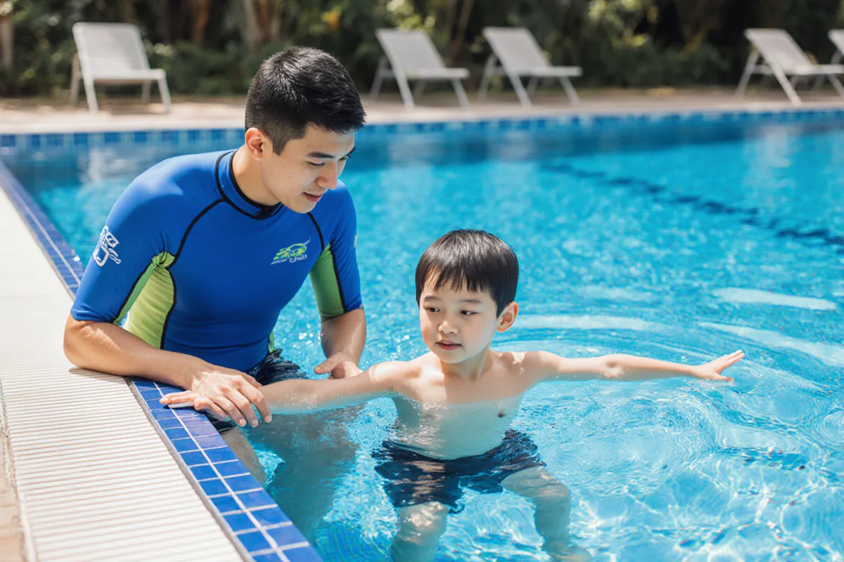 Swim coach giving one-on-one private lesson to child in outdoor Singapore pool