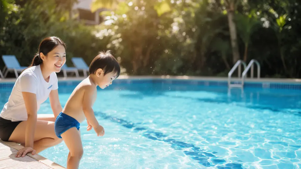 Young Asian child at pool edge with swim coach, Singapore ActiveSG pool