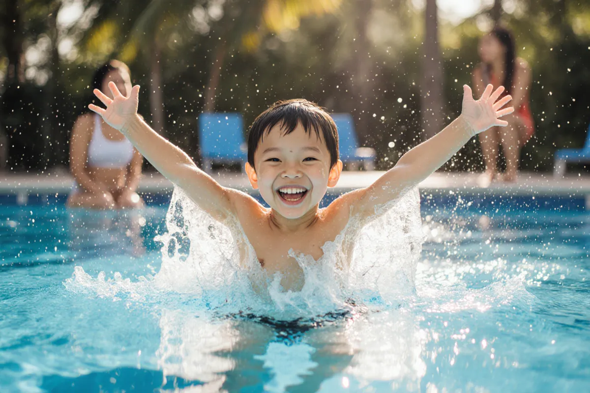 Happy Asian child swimming confidently in bright blue pool, Singapore school holidays