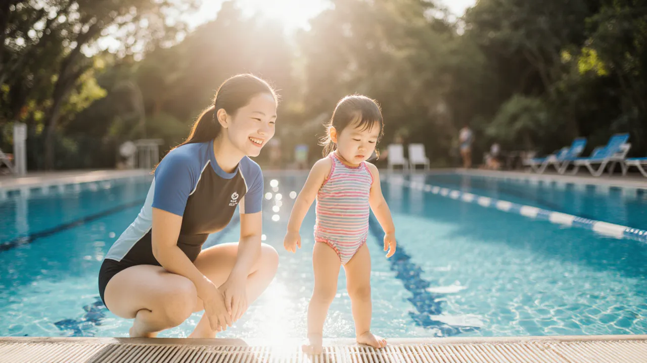 Young child at pool edge with patient swim coach at ActiveSG pool Singapore