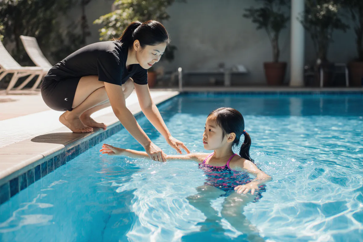 Swim coach guiding a child through independent floating technique at an outdoor pool