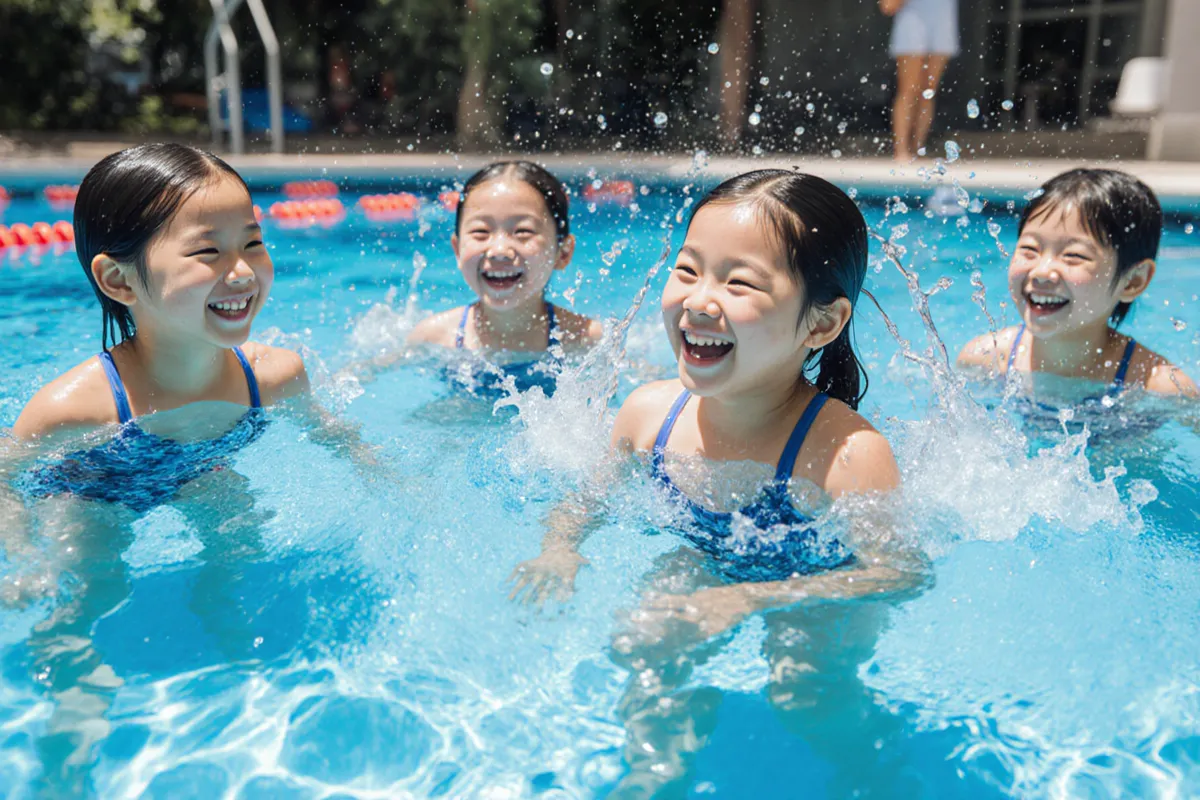 Group of children swimming confidently and independently at an outdoor pool in Singapore