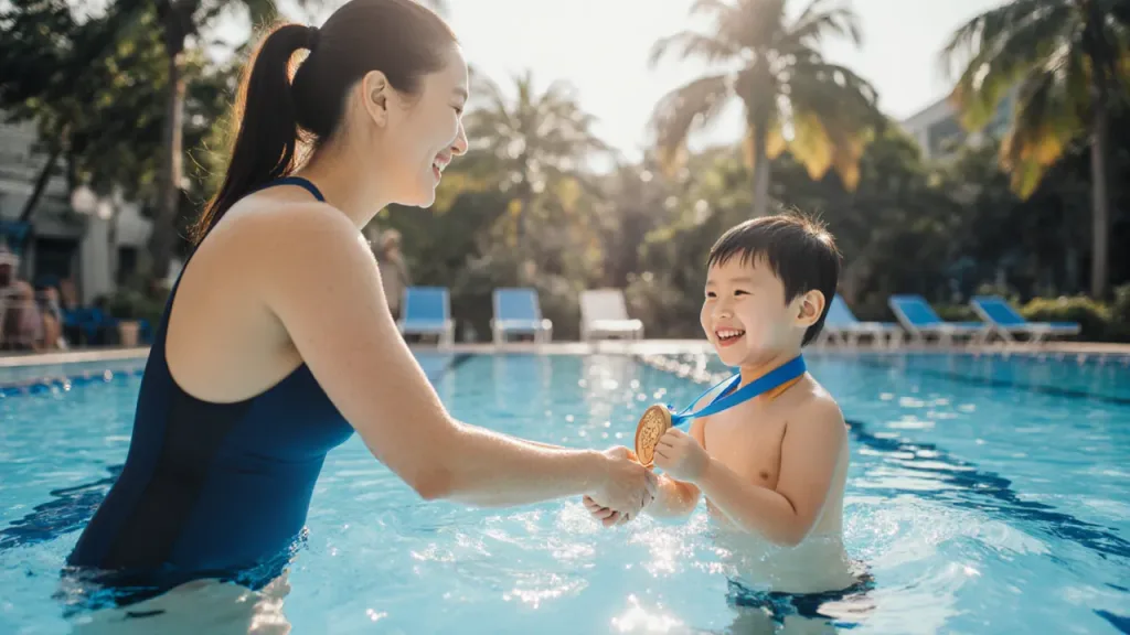 Child receiving swim medal from coach at Ace Dolphin Swim School pool