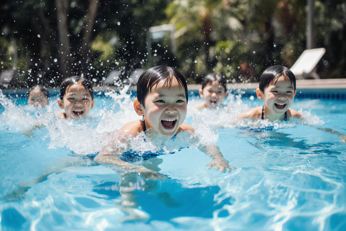 Group of children swimming confidently at Ace Dolphin Swim School