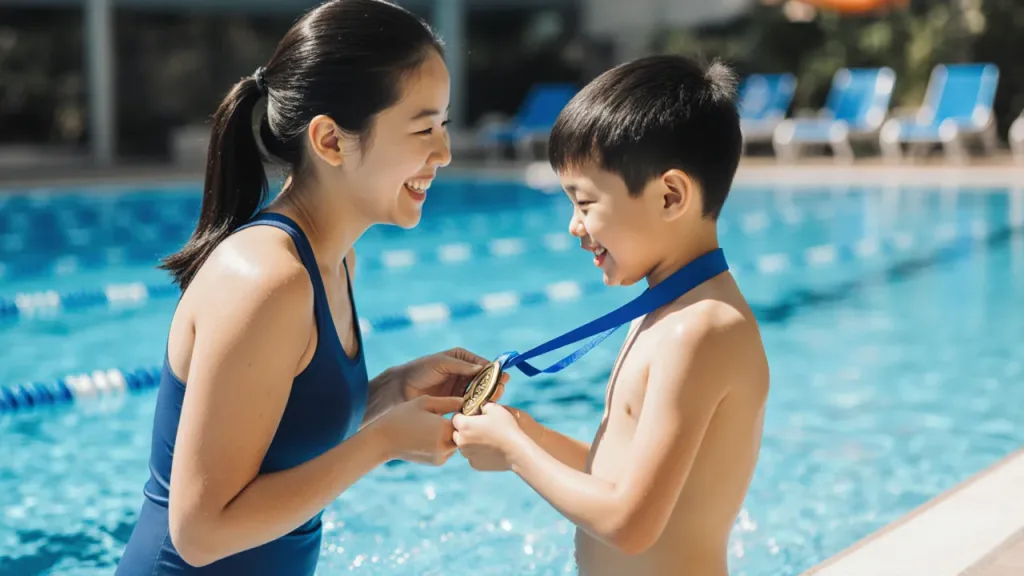 Child receiving a medal from swim coach at outdoor pool after reaching a SwimSafer milestone
