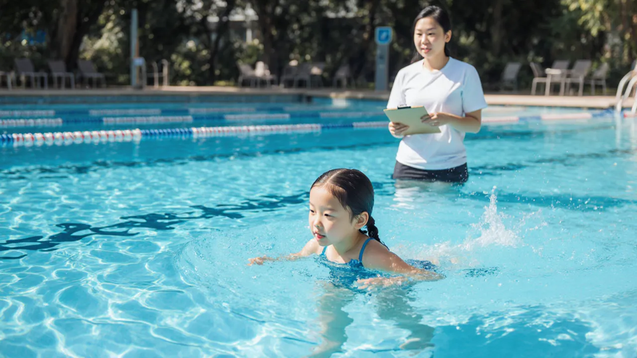 Swim coach observing young girl swimming during SwimSafer lesson at Singapore public pool