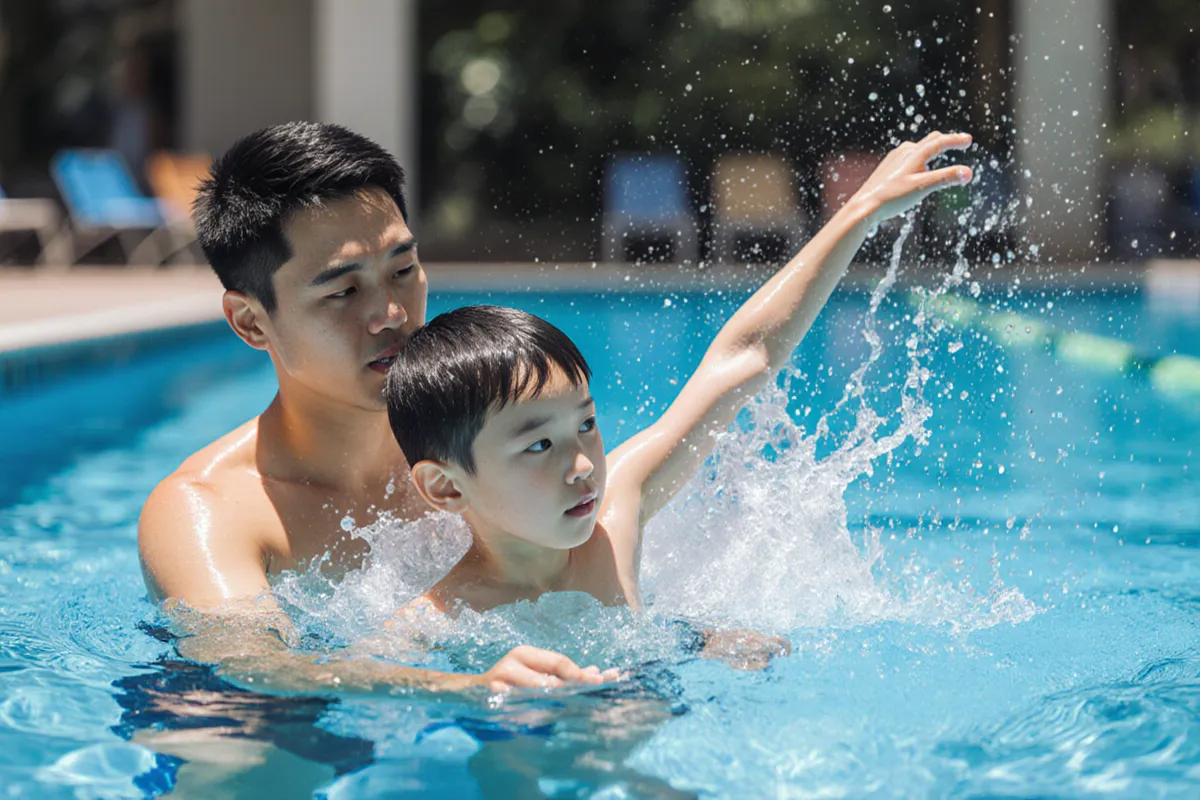 Swim coach guiding boy practising freestyle side breathing in outdoor pool