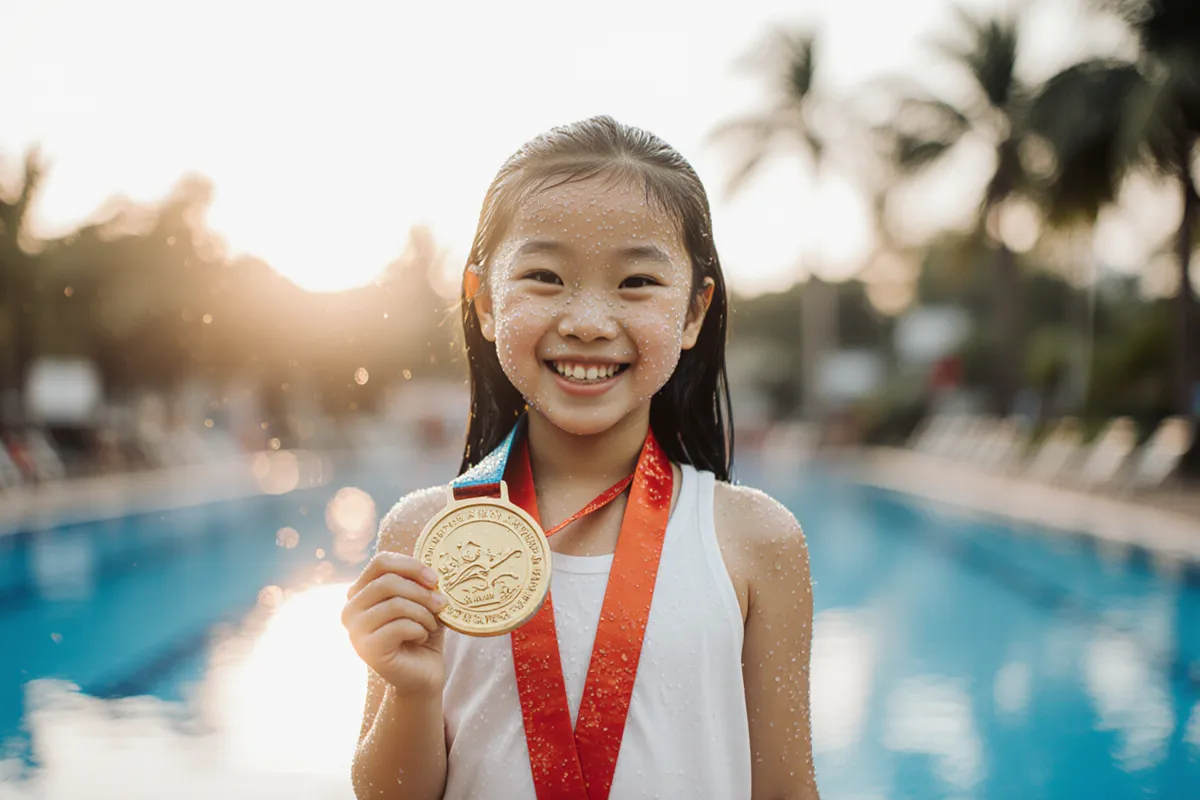 Smiling girl wearing gold medal at pool edge after passing SwimSafer stage