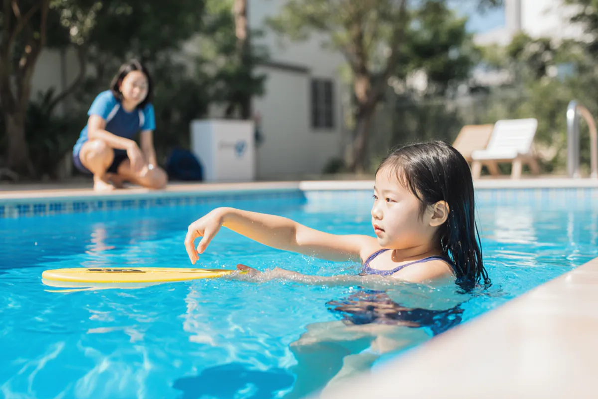 Child practicing isolated arm stroke drill with coach feedback at Ace Dolphin swim school
