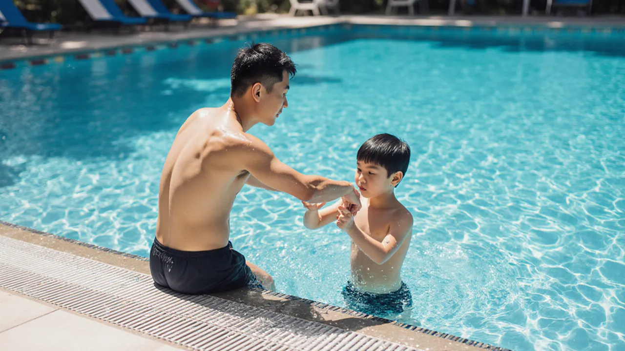 Swim coach demonstrating Tatsuki hand-entry technique to a child at an ActiveSG pool in Singapore