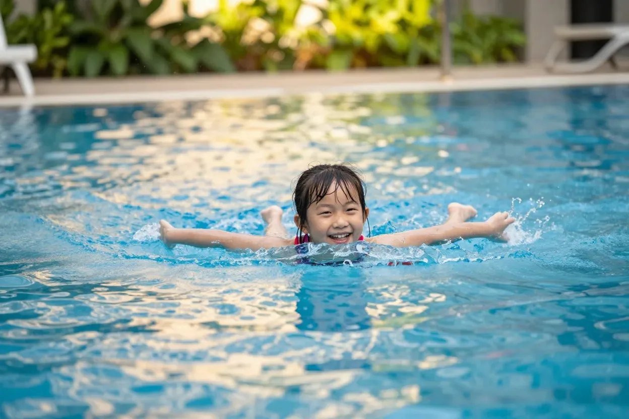 Confident young girl swimming independently and smiling