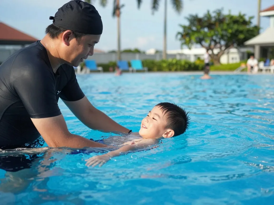 Swim coach supporting young boy floating on his back in a Singapore pool
