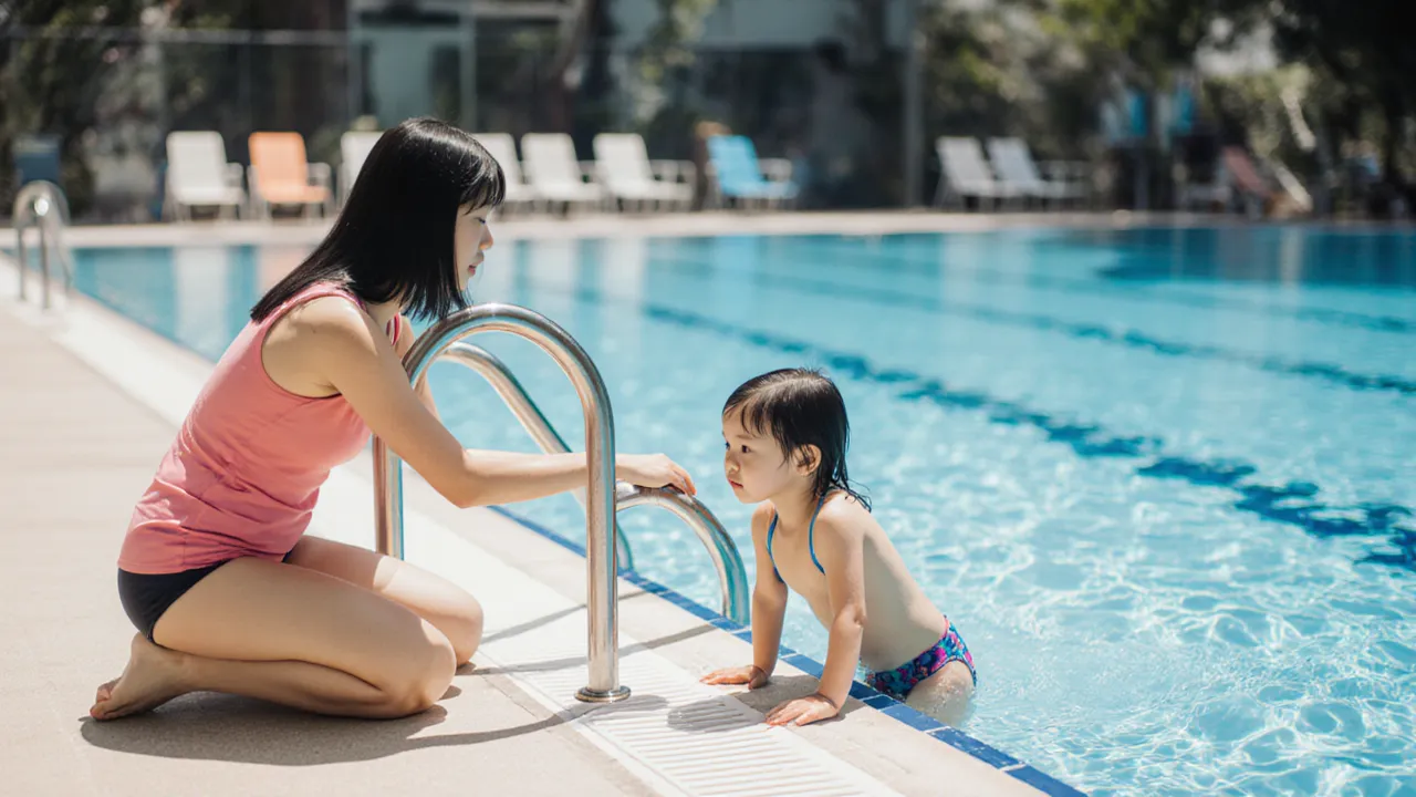 Child hesitant at ActiveSG pool edge with patient swim instructor in Singapore