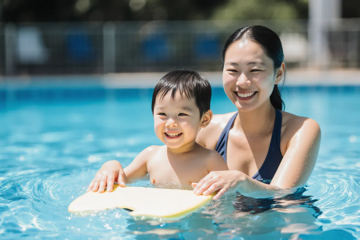 Child calmly holding kickboard with instructor support in pool