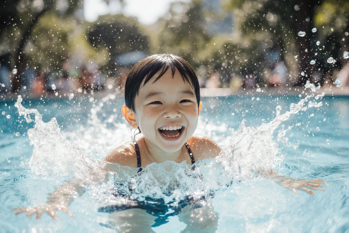 Confident smiling child splashing in pool after overcoming water fear
