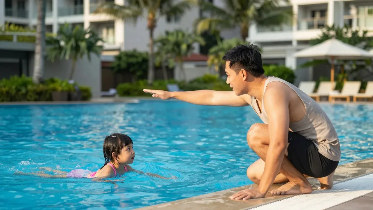 Father supervising daughter at condo pool edge in Singapore, arm within reach