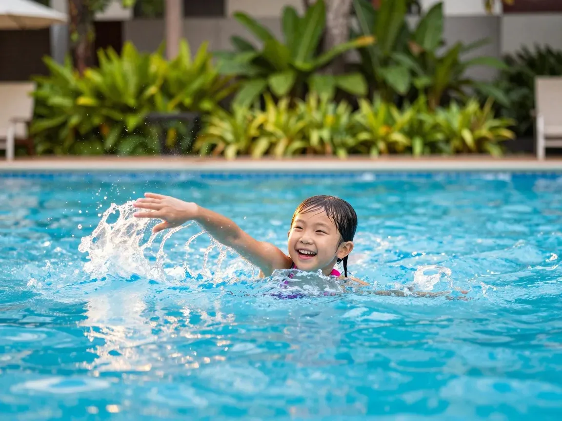 Confident young girl swimming freestyle unaided in an outdoor pool