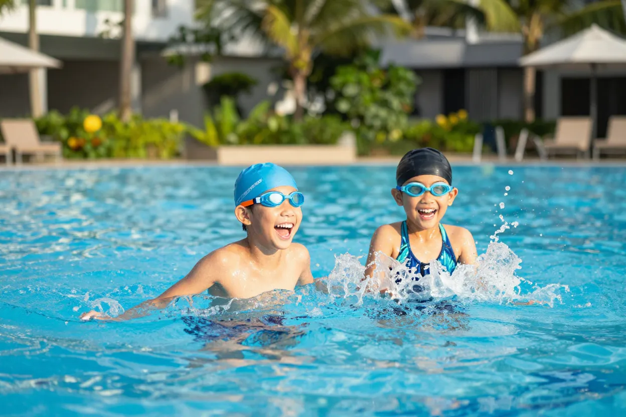 Two confident kids splashing and laughing in outdoor Singapore swimming pool