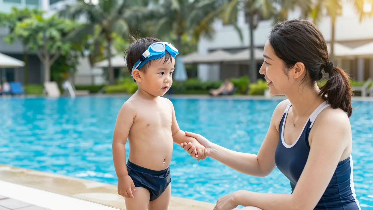 Toddler holding instructor hand at pool edge before first swimming lesson in Singapore