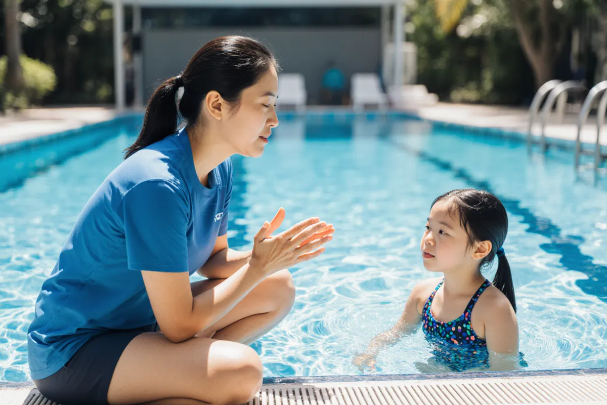 Swim coach explaining breathing technique to young girl at pool edge