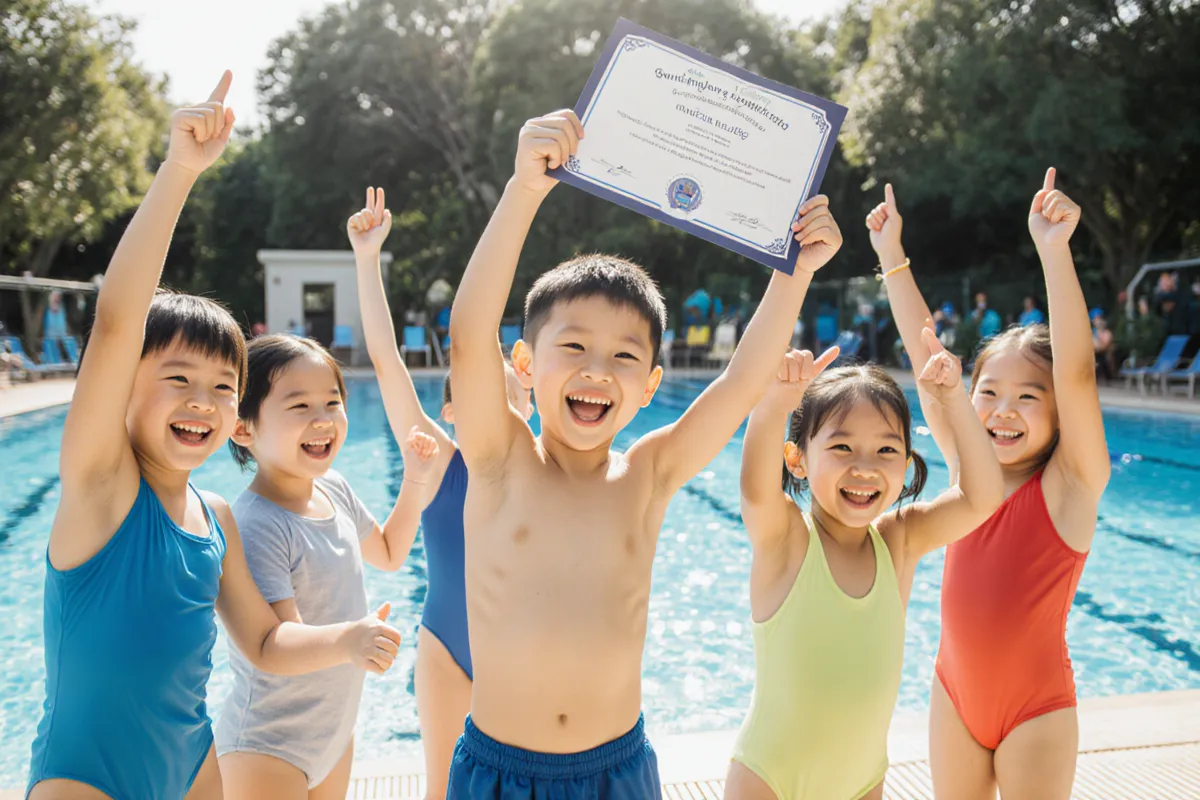 Group of children celebrating SwimSafer certificate at pool