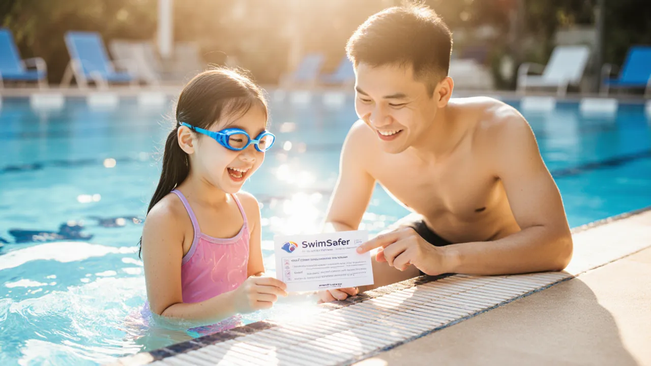 Father and coach reviewing SwimSafer progress card with young swimmer at pool edge