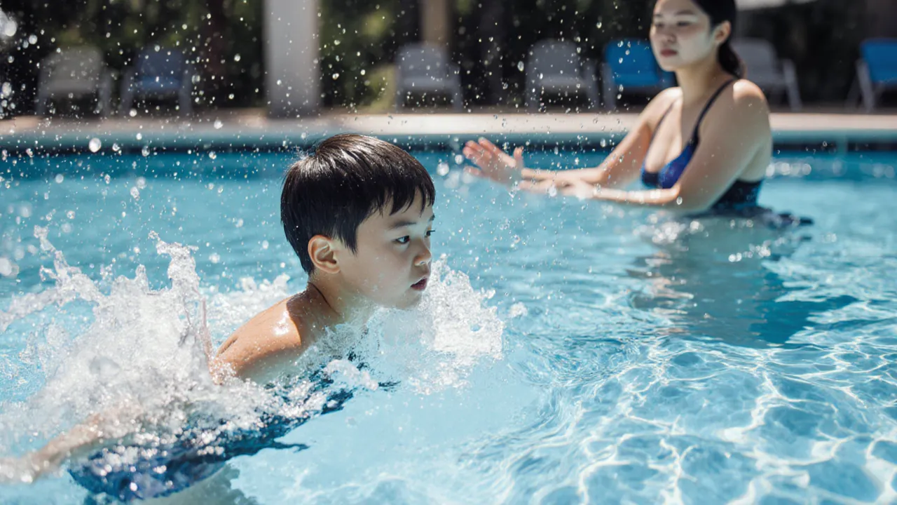 Child practising freestyle stroke with coach observing at ActiveSG pool
