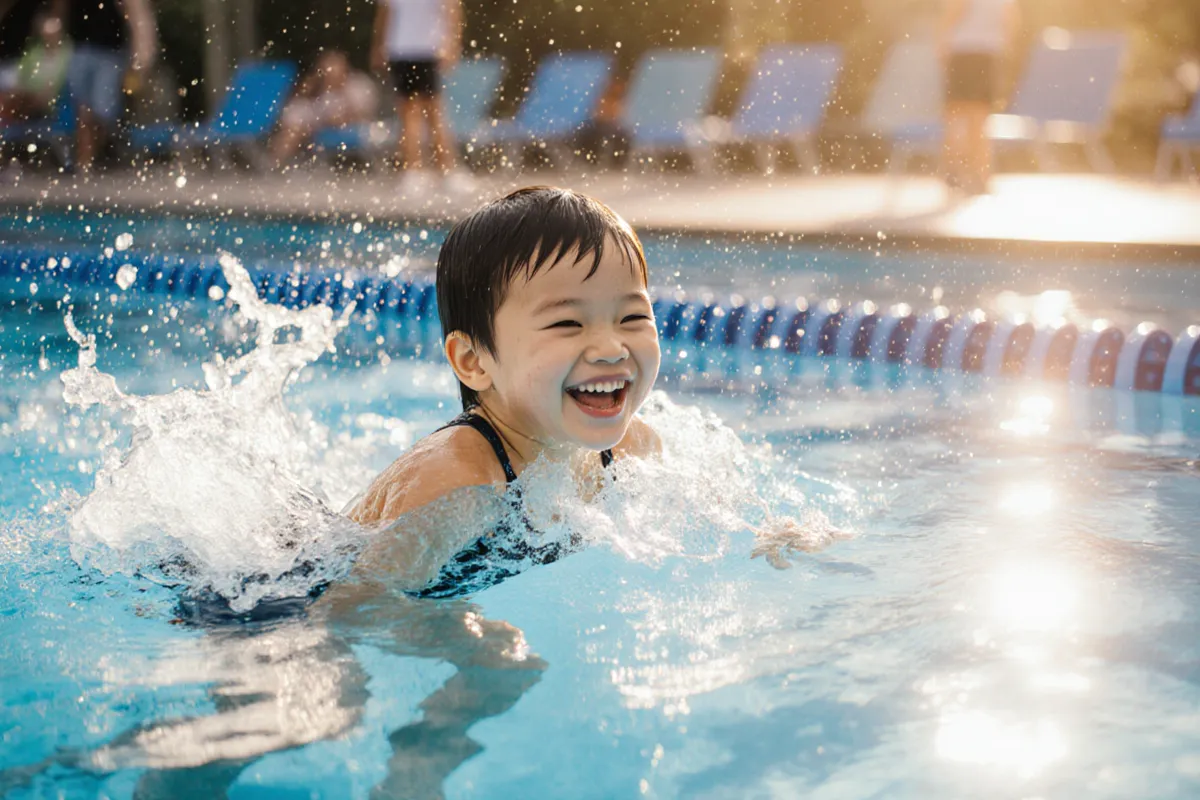 Happy child swimming with confident, efficient stroke technique after correction