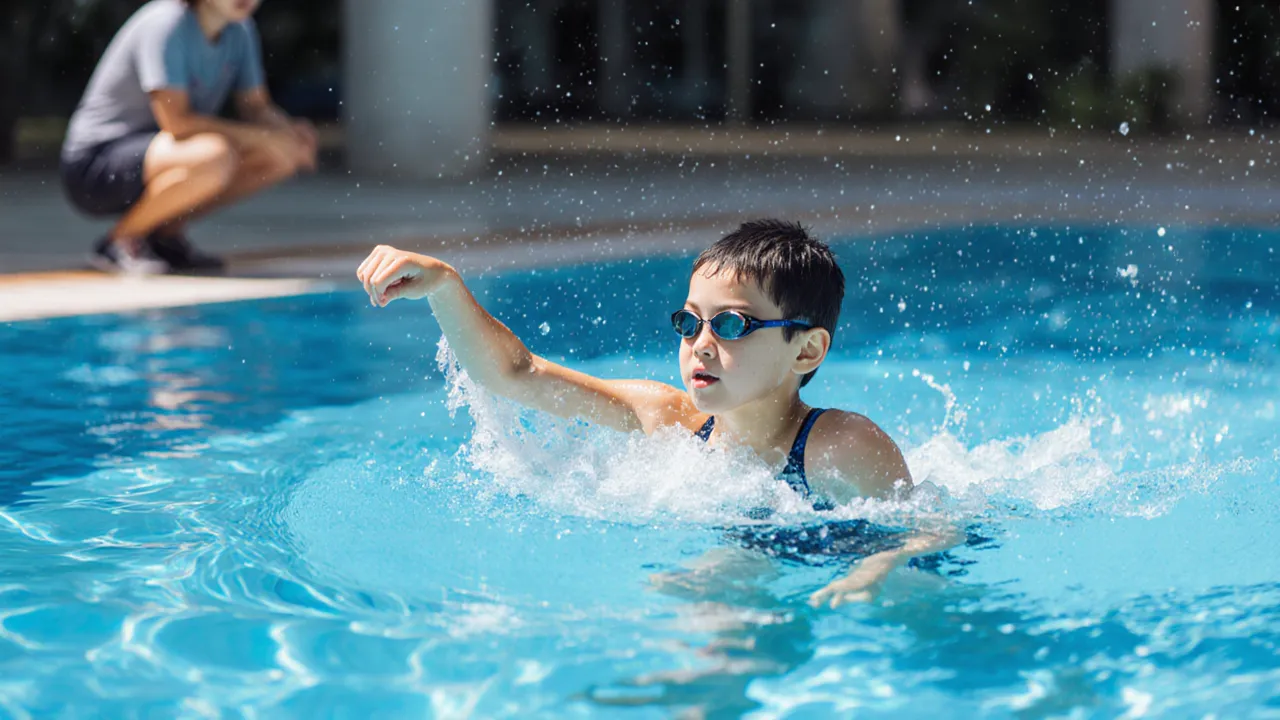 Coach observing a child's freestyle swimming technique at an outdoor pool in Singapore