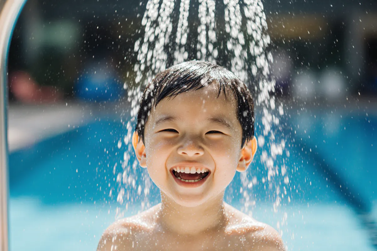 Child rinsing off at poolside shower after swimming lesson for eczema skin care