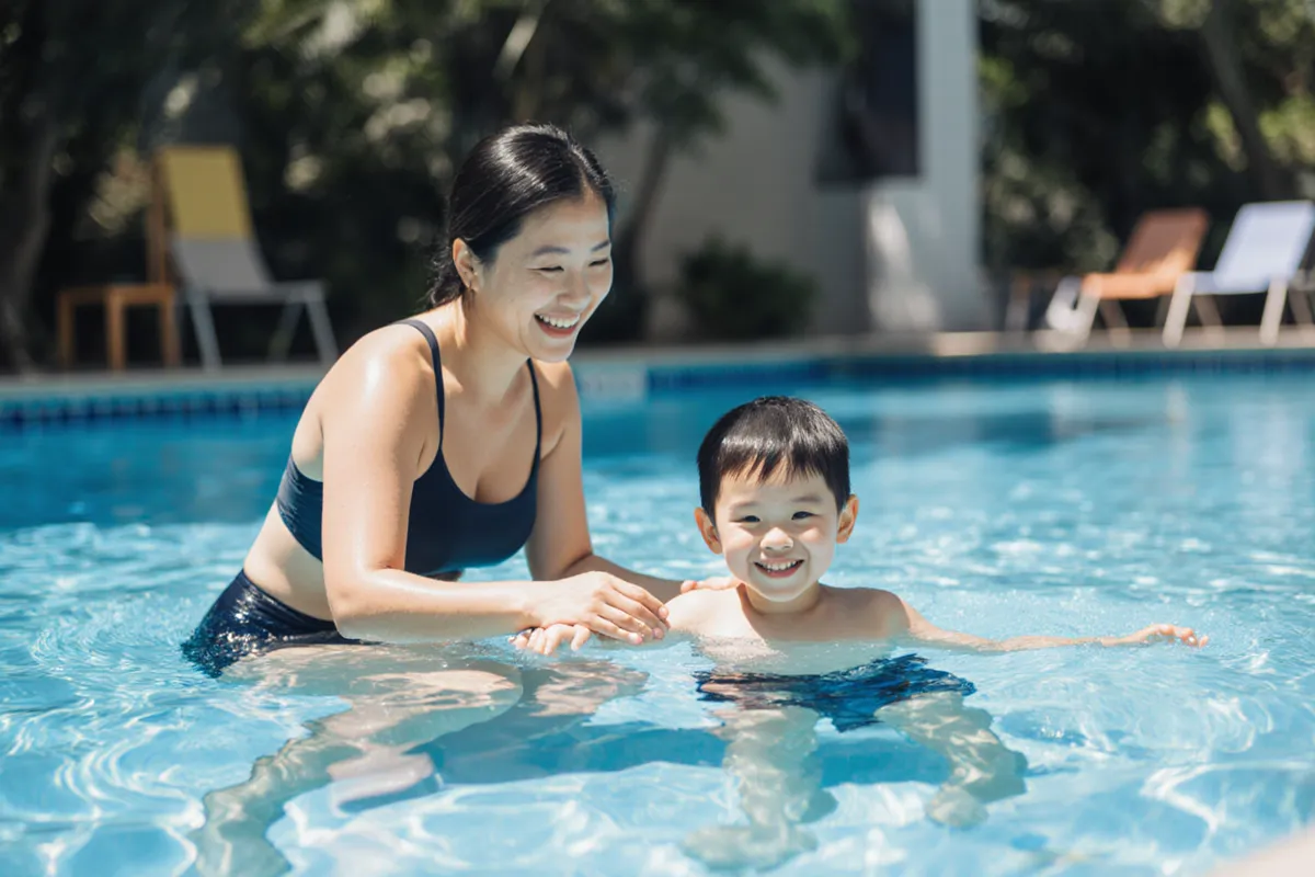 Patient swim coach guiding child gently through swimming lesson in Singapore