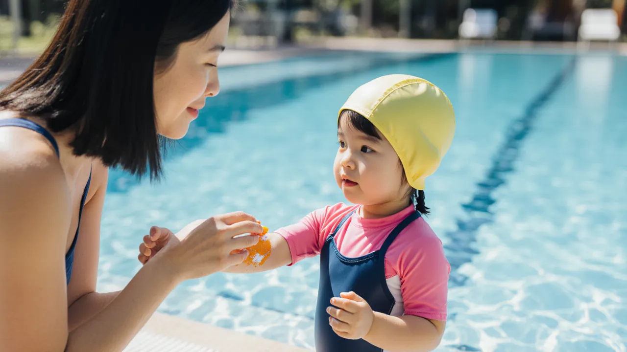 Mother applying moisturiser to daughter before swimming lesson at Singapore pool