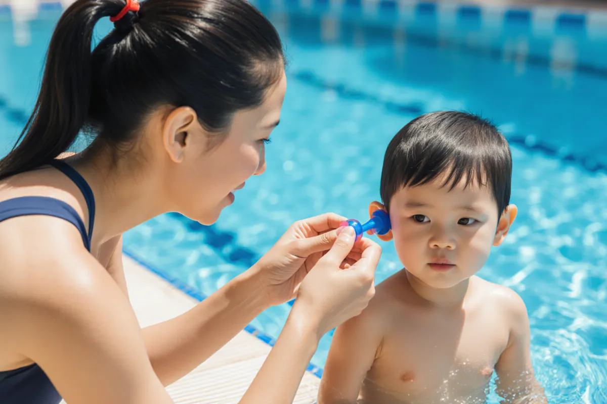 Swim coach fitting earplugs on child before swimming lesson