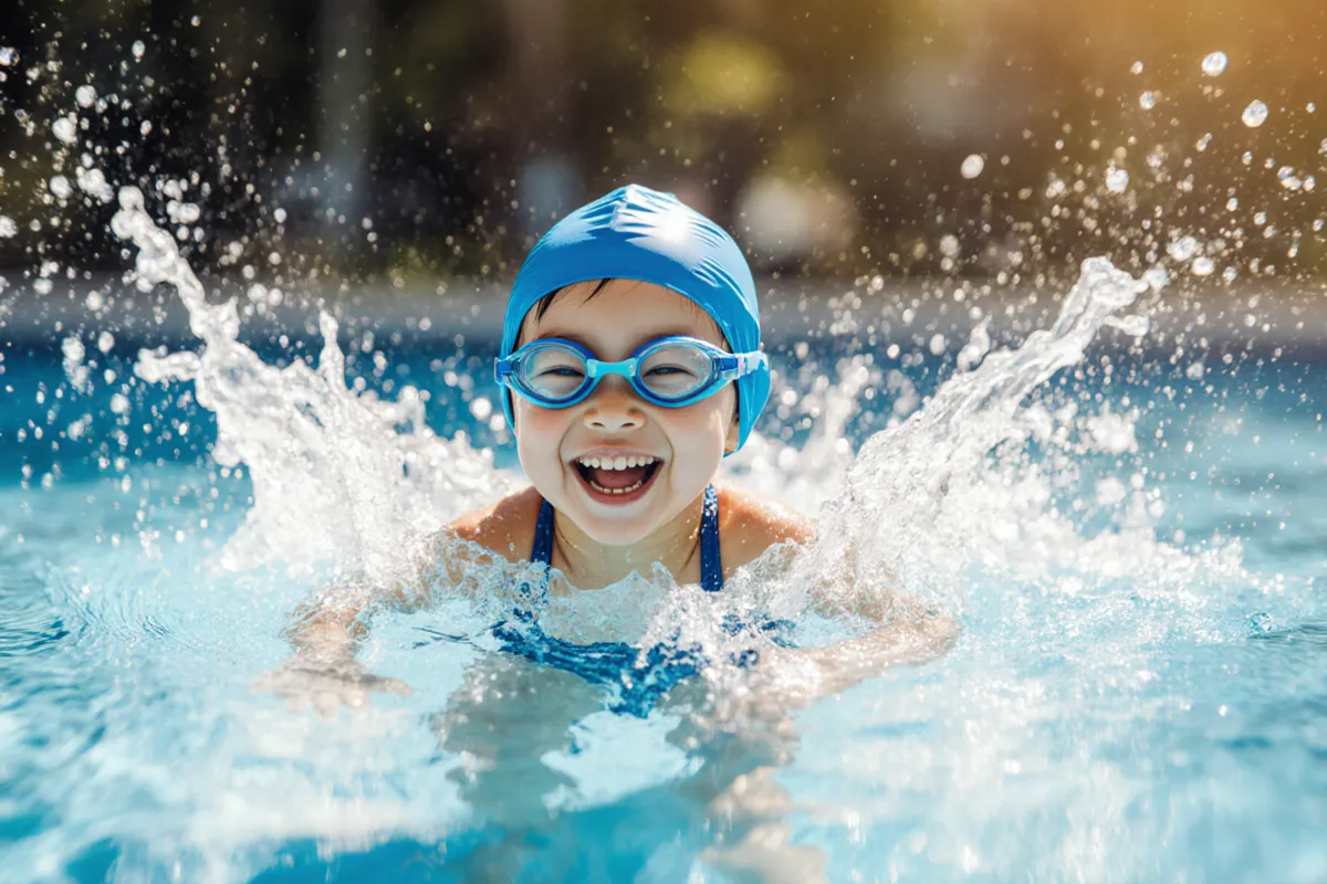 Happy confident child swimming after learning ear care routine
