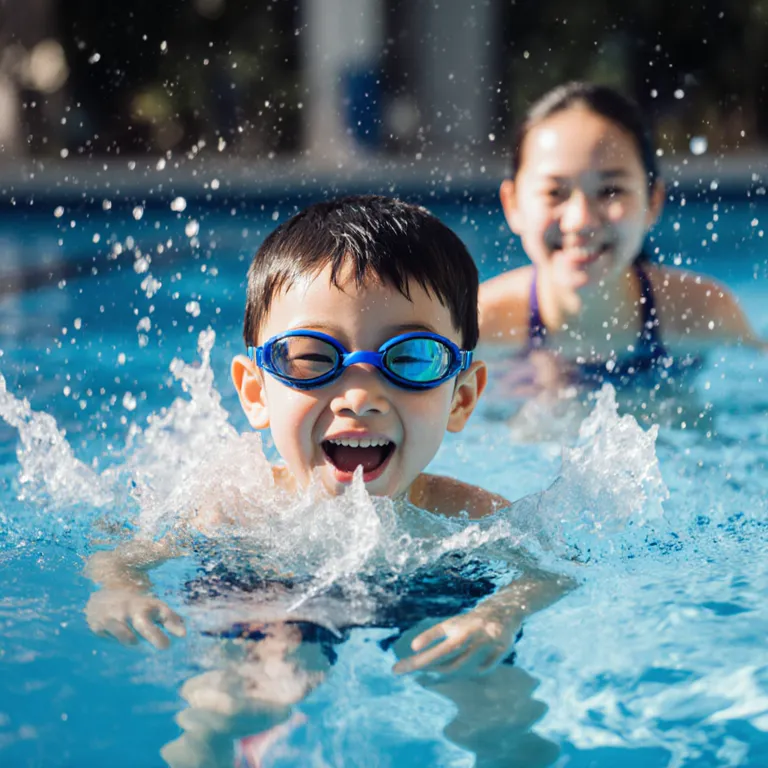 Happy child swimming with coach at an outdoor pool in Singapore