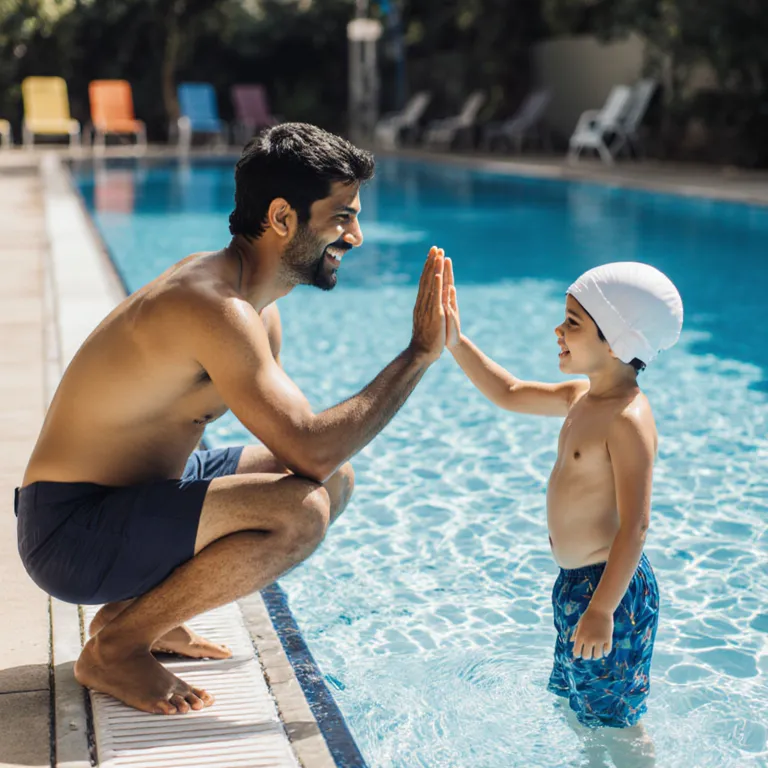 Father high-fiving his son poolside after a swimming lesson