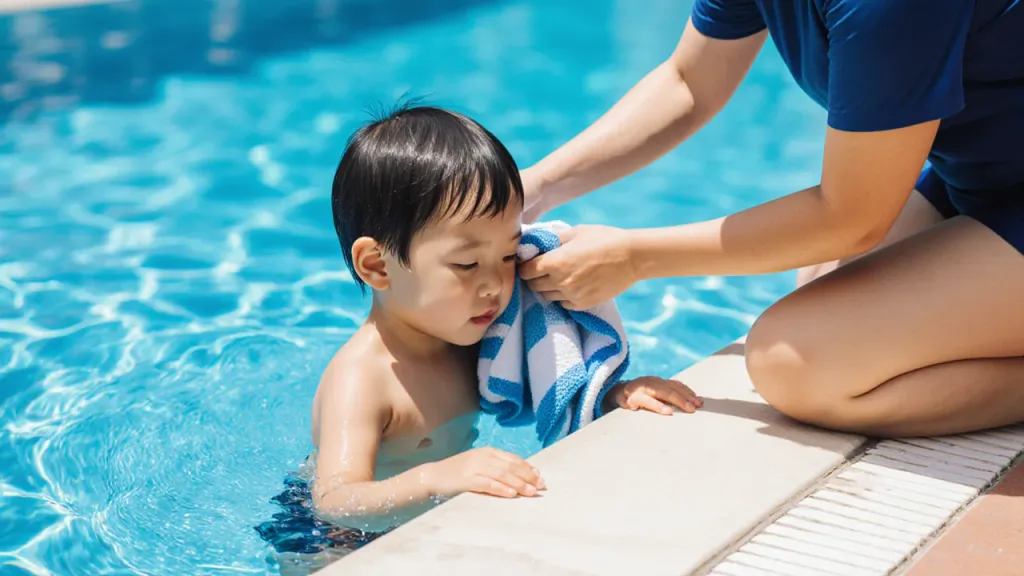 Coach helping child drain ear after swimming lesson at pool edge in Singapore