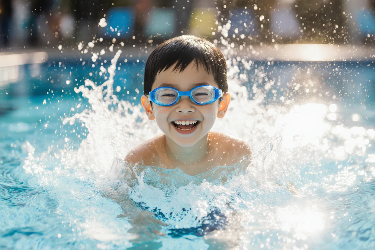 Happy seven-year-old boy in goggles splashing while swimming freestyle
