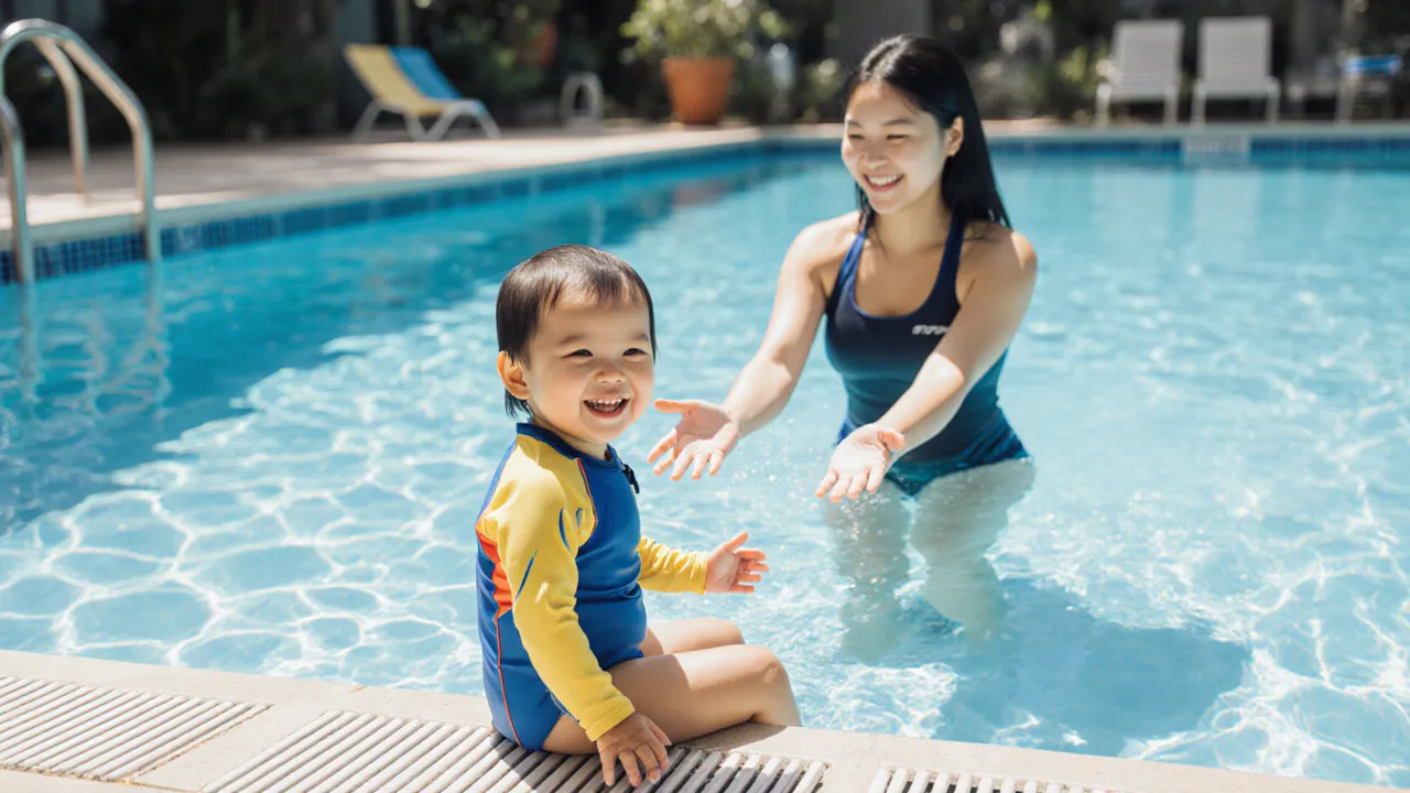 Young child at the edge of an ActiveSG pool smiling at a swim coach