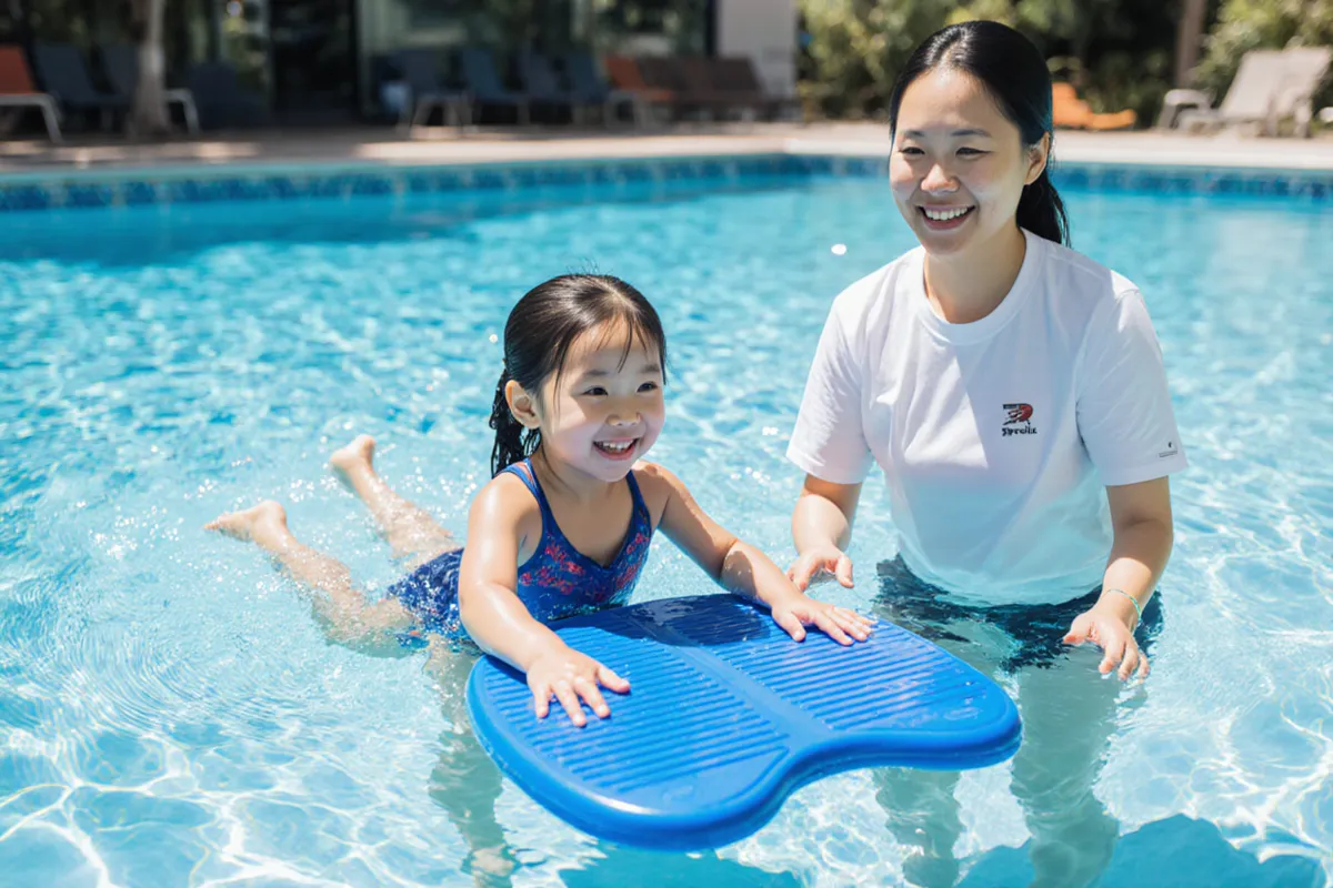 Five-year-old practising kicking with a kickboard beside her swim coach