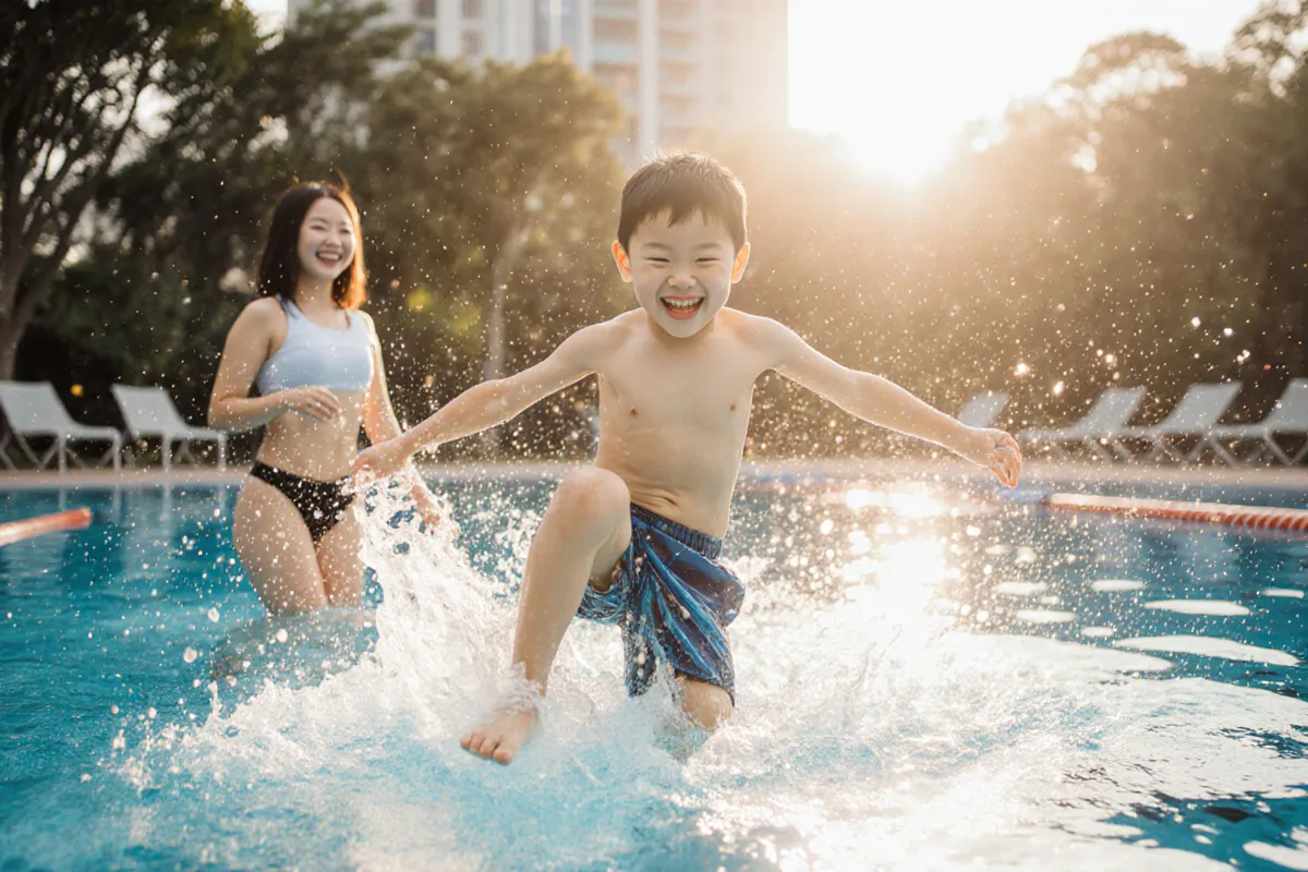Confident smiling child splashing happily in a Singapore swimming pool