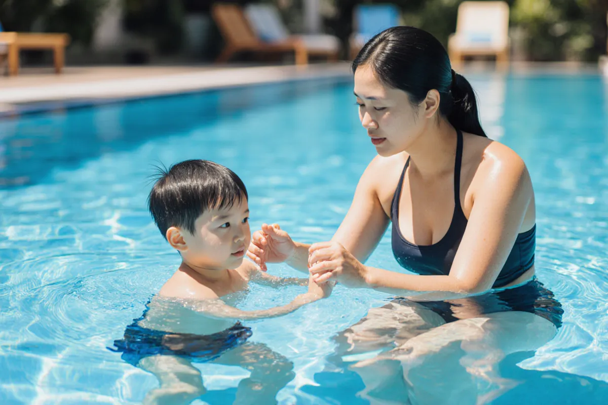 Swim instructor gently helping a child practice floating in a Singapore pool