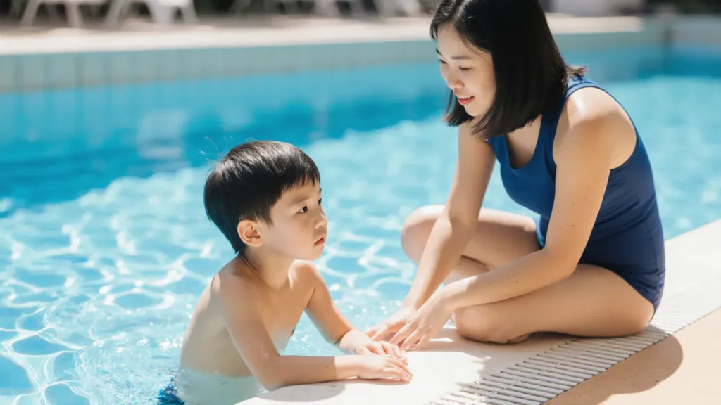 Asian boy hesitant at pool edge with reassuring swim instructor in Singapore