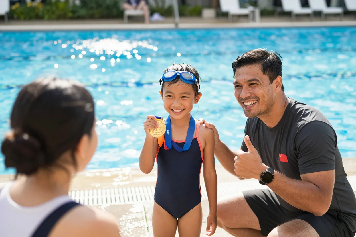 Child celebrating with a medal after passing a SwimSafer stage in Singapore