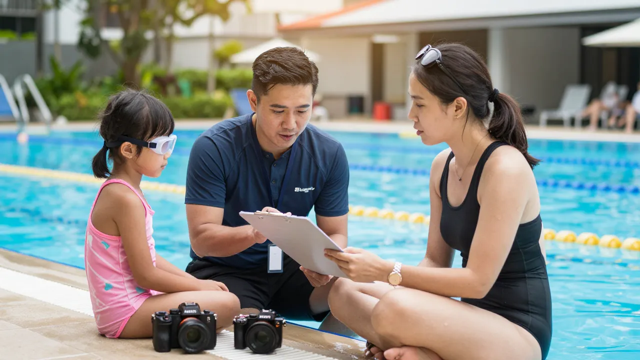 Coach explaining SwimSafer 2.0 assessment changes to a parent poolside in Singapore