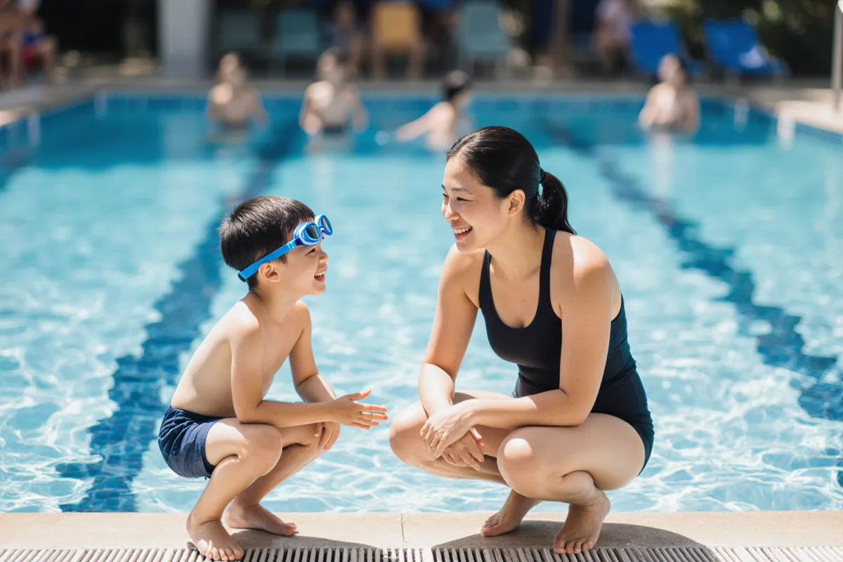 Swim coach crouching poolside talking calmly with a young boy in goggles at an ActiveSG pool